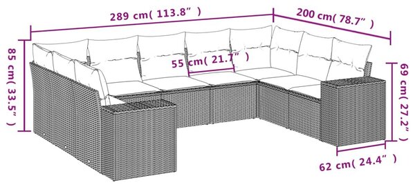 VidaXL 9 db fekete polyrattan kerti kanapégarnitúra párnákkal