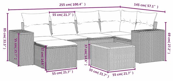 VidaXL 7 db fekete polyrattan kerti kanapégarnitúra párnákkal