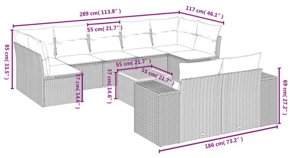 VidaXL 10 db fekete polyrattan kerti kanapégarnitúra párnákkal