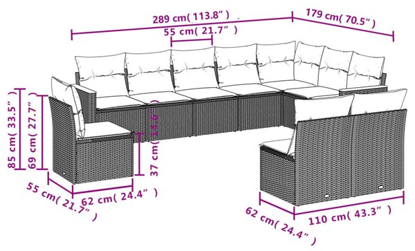 VidaXL 10 db szürke polyrattan kerti kanapégarnitúra párnákkal