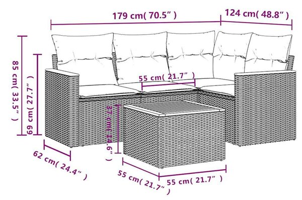 VidaXL 5 db fekete polyrattan kerti kanapégarnitúra párnákkal