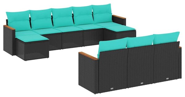 VidaXL 10 db fekete polyrattan kerti kanapégarnitúra párnákkal