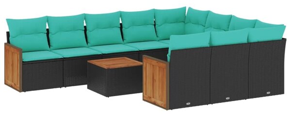 VidaXL 11 db fekete polyrattan kerti kanapégarnitúra párnákkal