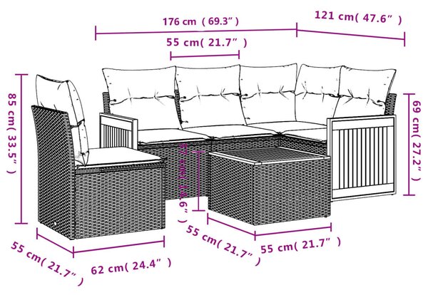 VidaXL 6 db szürke polyrattan kerti kanapégarnitúra párnákkal