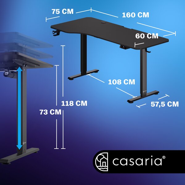Casaria® Magasságban állítható irodai asztal 160x75x118 cm - fekete
