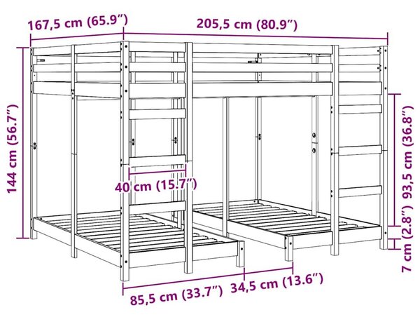 VidaXL Háromszintes emeletes ágykeret Barna 160 x 200 cm Tömör fenyőfa