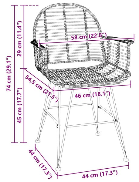 VidaXL Étkezőszék 2 pcs Fekete 57 x 54.5 x 85 cm Rattan és Vas