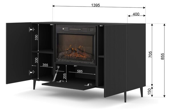 Komód szekrény elektromos kandallóval 2D1K Rowanna (fekete)