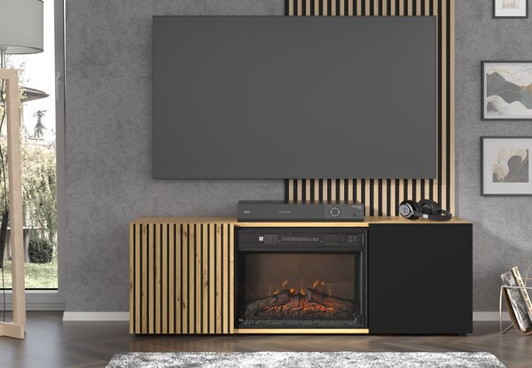TV szekrény/asztal kandallóval Aurella (fekete + artisan tölgy)