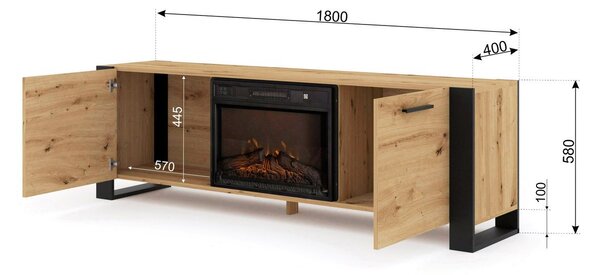 TV szekrény/asztal kandallóval Nulakka (artisan tölgy + fekete)