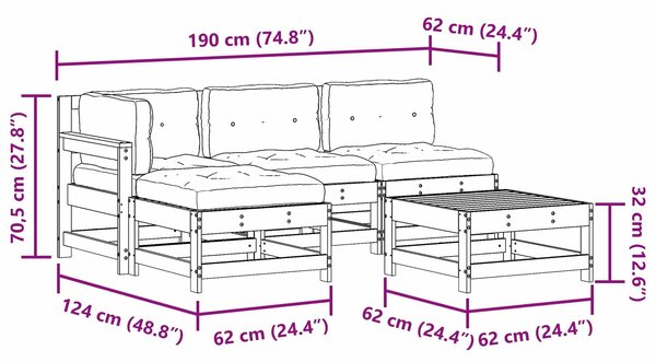 VidaXL Kerti lounge szett 5 pcs Viaszbarna Tömör Fenyőfa