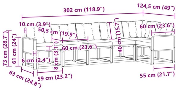 VidaXL Kültéri kanapé szett párnával 6 pcs Természetes és Fekete