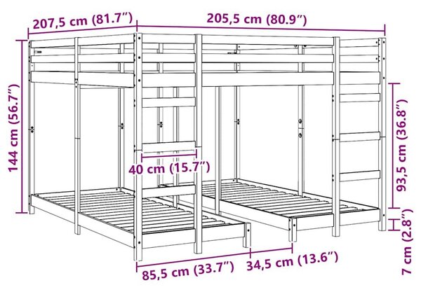 VidaXL Háromszintes emeletes ágykeret Faggyú barna 200 x 200 cm