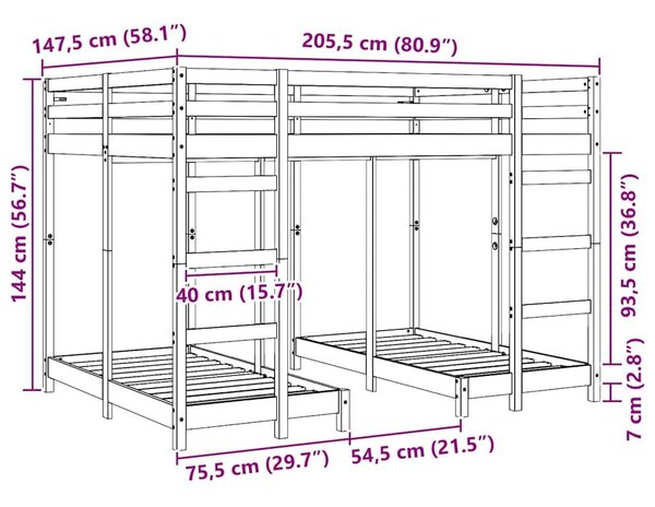 VidaXL Háromszintes emeletes ágykeret Barna 140 x 200 cm Tömör fenyőfa