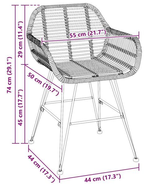 VidaXL Étkezőszék 2 pcs Fekete 55 x 50 x 74 cm Rattan és Vas