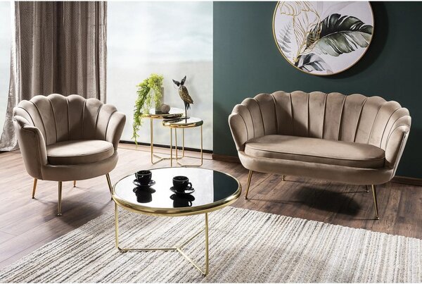 Camellia Elegance Kétszemélyes Bársony Kanapé Bézs Arany Kagylóhéj
