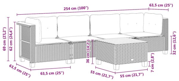 5 részes Polyrattan Kerti Kanapé - Fekete