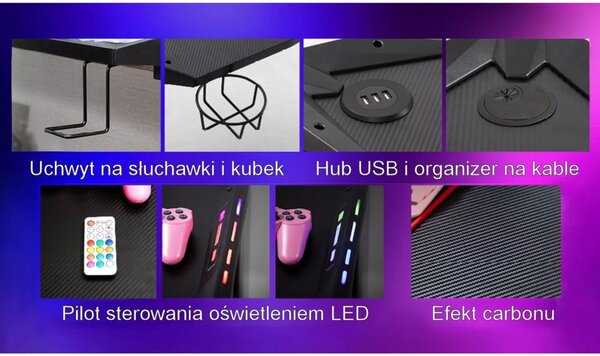B-216 LED Gamer Íróasztal Fekete MDF Fém Vázzal