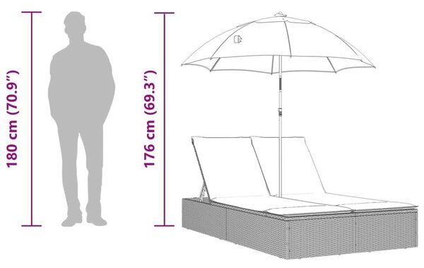 VidaXL Dupla Napozóágy - Polyrattan - Fekete - Napernyővel