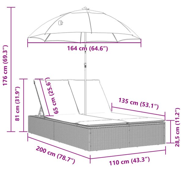 VidaXL Dupla Napozóágy - Polyrattan - Fekete - Napernyővel