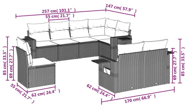 VidaXL 8 részes fekete polyrattan kerti ülőgarnitúra párnákkal