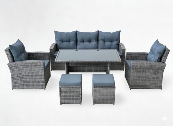 7 darabos kerti bútorszett, 3 személyes kanapé, 2 fotel, 2 szék és üveglapos asztal, PE rattan, 187x78x85 cm, szürke