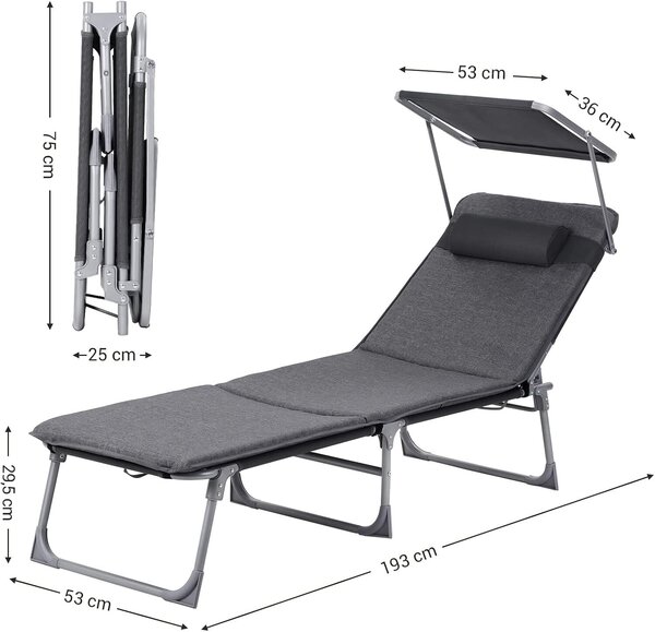 Összecsukható napozóágy 3 cm-es matracral és napernyővel, 4 pozíciós állítható háttámla, max 150 kg, 193x53x30 cm, szürke