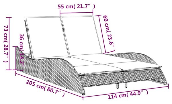 VidaXL szürke polyrattan napozóágy párnákkal 114 x 205 x 73 cm