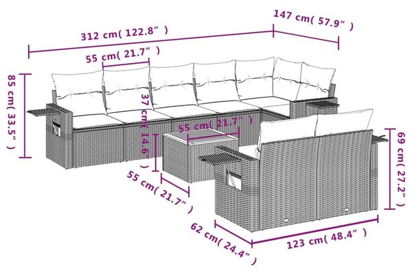 VidaXL 9 db szürke polyrattan kerti kanapégarnitúra párnákkal