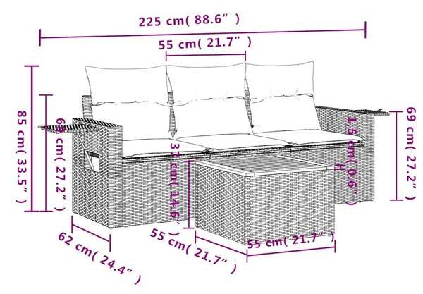 VidaXL 4 db fekete polyrattan kerti kanapégarnitúra párnákkal