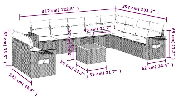 VidaXL 11 db fekete polyrattan kerti kanapégarnitúra párnákkal