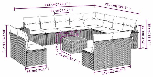 VidaXL 13 db fekete polyrattan kerti kanapégarnitúra párnákkal