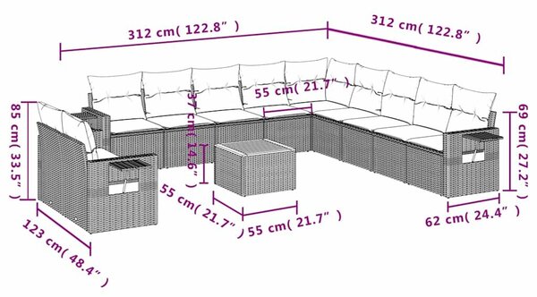 VidaXL 12 db fekete polyrattan kerti kanapégarnitúra párnákkal
