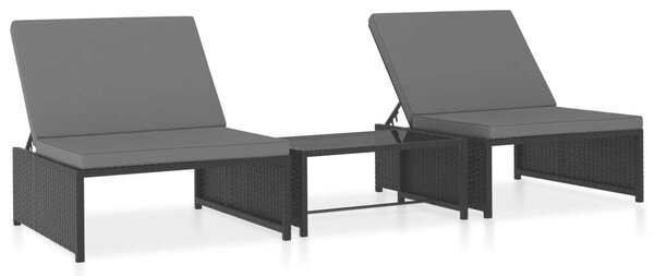 VidaXL 2 db fekete polyrattan napozóágy asztallal