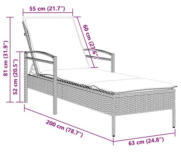 VidaXL napozóágy párnával 63 x 200 x 81 cm, polyrattan (csak az USA-ban), Szürke