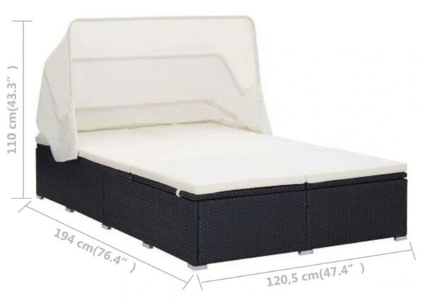 VidaXL Kétágyas Napozóágy - Fekete Polyrattan - 194x120,5cm
