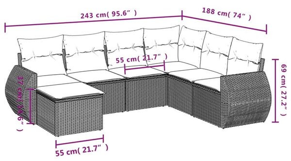 VidaXL 7 részes bézs polyrattan kerti ülőgarnitúra párnákkal