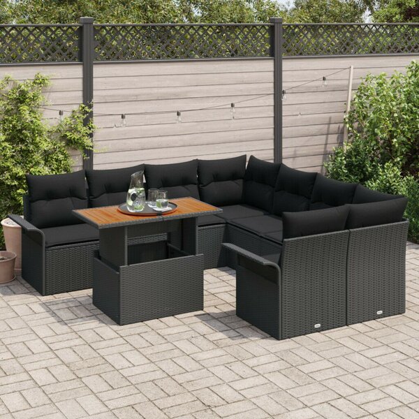 9 Darabos Kerti Sofa Készlet Párnákkal Fekete Poly Rattan Akácia