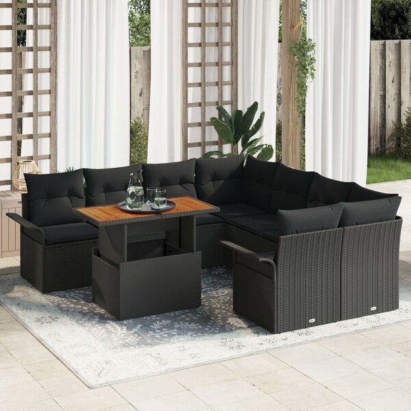 9 Darabos Kerti Sofa Készlet Párnákkal Fekete Poly Rattan Akácia