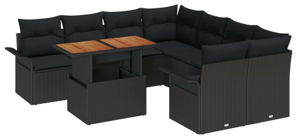 9 Darabos Kerti Sofa Készlet Párnákkal Fekete Poly Rattan Akácia