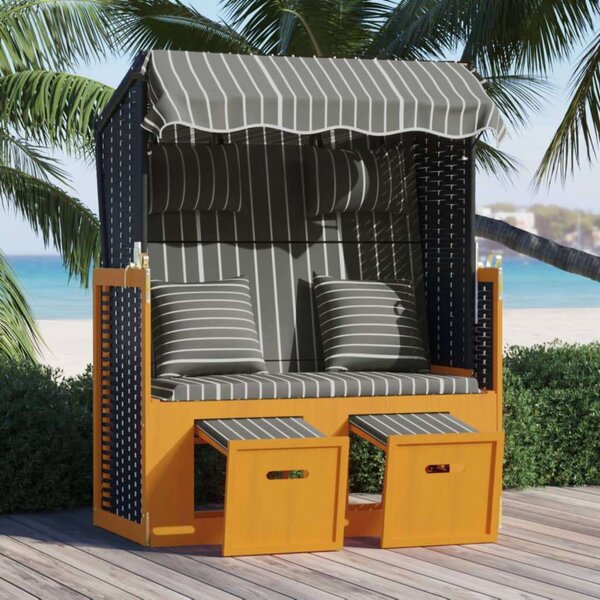 VidaXL fekete és szürke polyrattan és tömör fa strandszék párnákkal