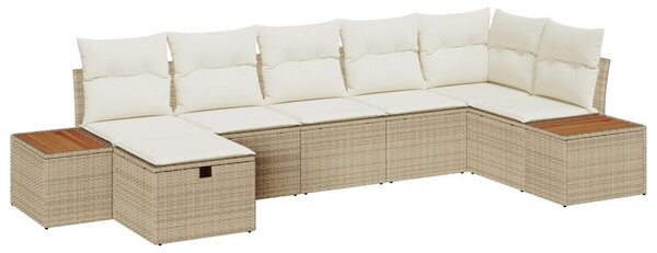 7 Darabos Kerti Sofa Szett Párnákkal Bézs Poli Rattan