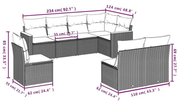 VidaXL 8 részes fekete polyrattan kerti ülőgarnitúra párnákkal