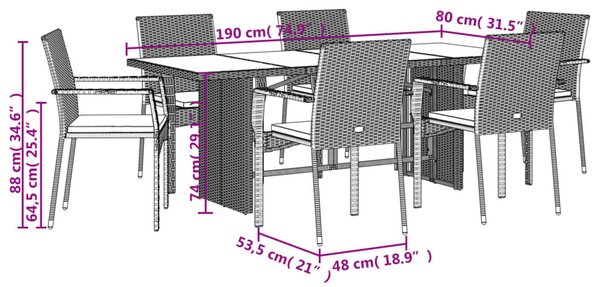 VidaXL 7 részes fekete polyrattan kerti étkezőgarnitúra párnával
