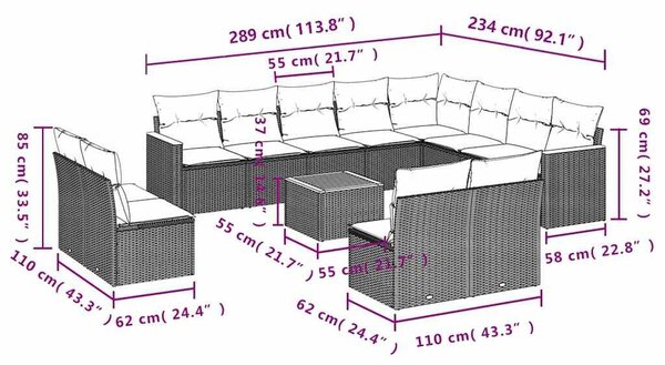 VidaXL 13 db fekete polyrattan kerti kanapégarnitúra párnákkal