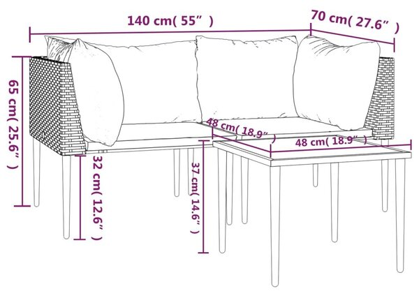 VidaXL 3 részes szürke polyrattan kerti ülőgarnitúra párnákkal