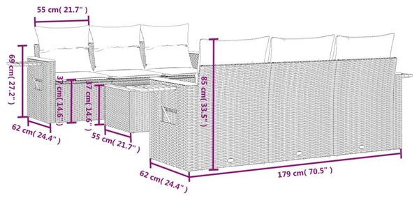 VidaXL 7 részes fekete polyrattan kerti ülőgarnitúra párnákkal