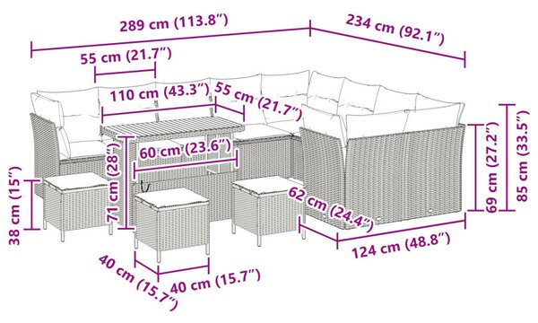 13 darabos kerti kanapé szett párnákkal Bézs poli rattan akáccal, 4 darabos kerti étkező szett párnákkal Bézs poli rattan akáccal