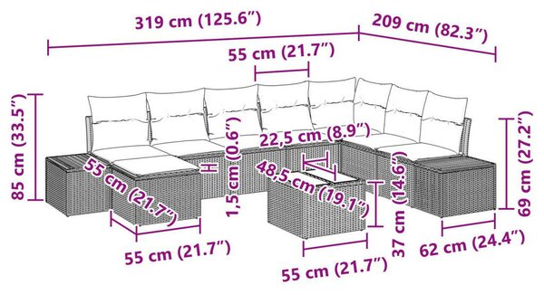 9 darabos kertibútor szett párnákkal, szürke poli rattan