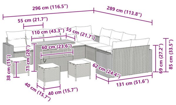 13 darabos kerti kanapészett párnákkal Bézs Polirattan Akácia, 3 darabos kerti étkező szett párnákkal Bézs Polirattan Akácia